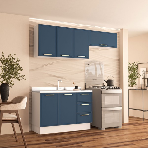 Cozinha Completa Amara 6 Portas 3 Gavetas 40250081 Branco/Azul - Politorno