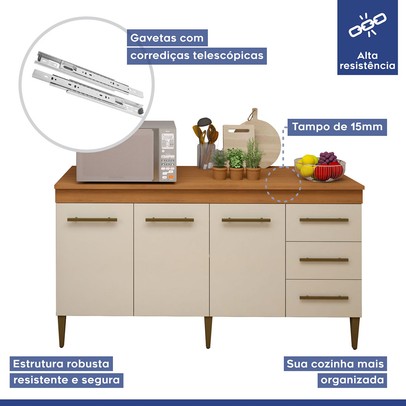 Cozinha Compacta Maceió 6 Portas 3 Gavetas Nature/Off White - Kaiki Móveis