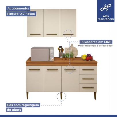 Cozinha Compacta Maceió 6 Portas 3 Gavetas Nature/Off White - Kaiki Móveis