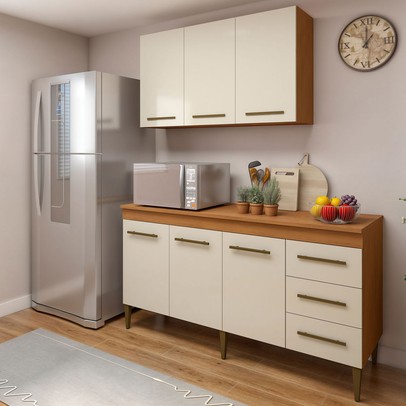 Cozinha Compacta Maceió 6 Portas 3 Gavetas Nature/Off White - Kaiki Móveis