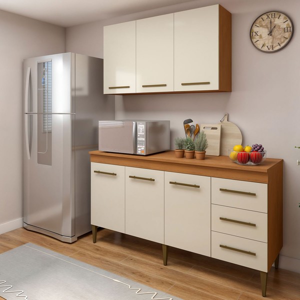 Cozinha Compacta Maceió 6 Portas 3 Gavetas Nature/Off White - Kaiki Móveis