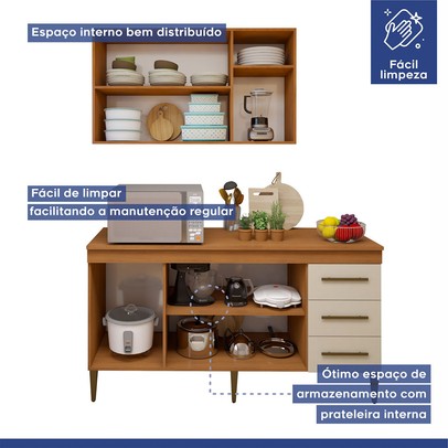 Cozinha Compacta Maceió 6 Portas 3 Gavetas Nature/Off White - Kaiki Móveis