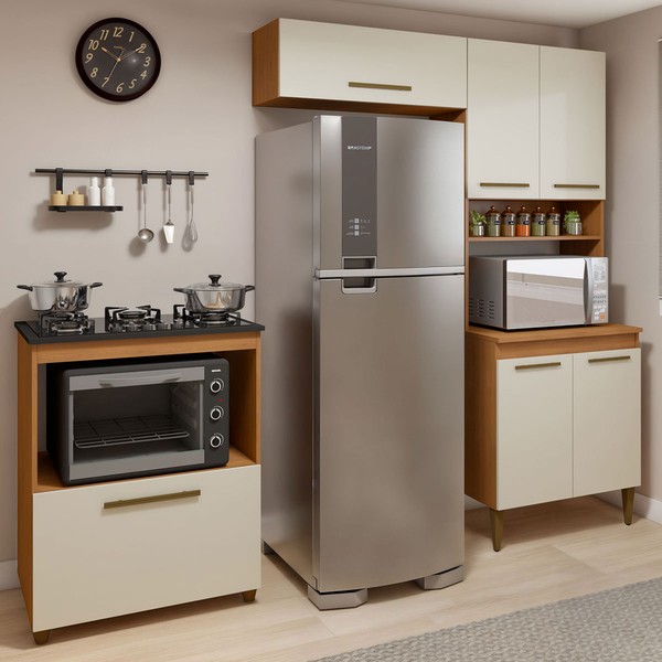 Cozinha Compacta Blumenau 6 Portas 3 Prateleiras Nature/Off White - Kaiki Móveis