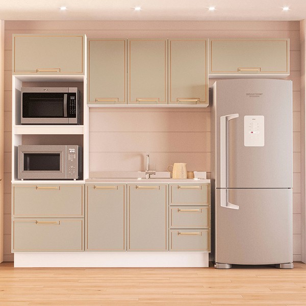 Cozinha Completa Amara 8 Portas 4 Gavetas 40250082 Branco/Verde Oliva - Politorno