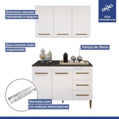 Cozinha Compacta Londrina 5 Portas 3 Gavetas Nature/Off White - Kaiki Móveis