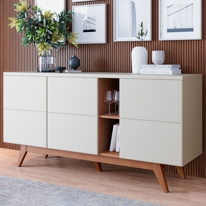 Balcão Buffet Light 3 Portas 1 Prateleira Off White/Matte/Freijó - Pnr Móveis