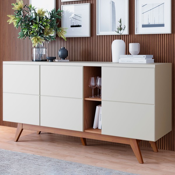 Balcão Buffet Light 3 Portas 1 Prateleira Off White/Matte/Freijó - Pnr Móveis