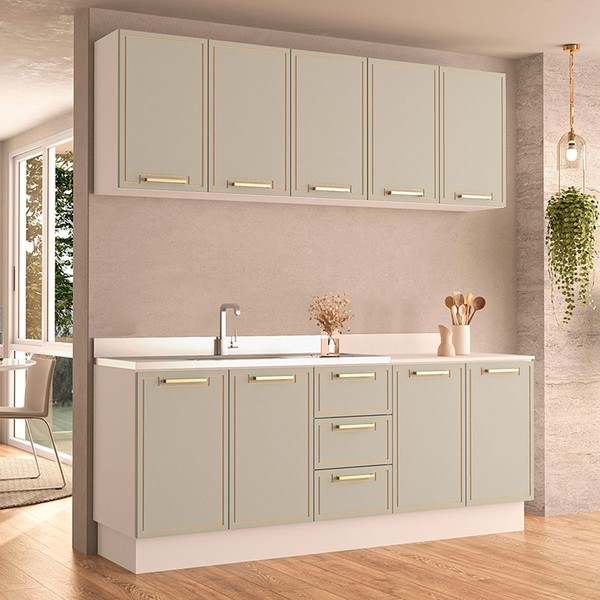 Cozinha Completa Amara 9 Portas 3 Gavetas 40250083 Branco/Verde Oliva - Politorno
