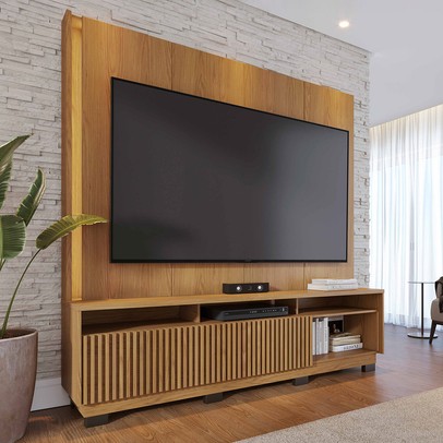 Estante para TV Até 75 Polegadas Malvinas 2 Portas Ripado com Led Freijó - Pnr Móveis