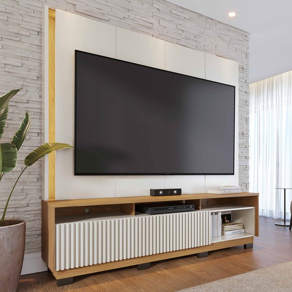 Estante para TV Até 75 Polegadas Malvinas 2 Portas Ripado com Led Off White Matte/Freijó - Pnr Móveis