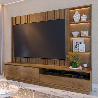 Estante para TV Até 82 Polegadas Arraial 4 Gavetas com Led Ripado Amêndoa - Pnr Móveis