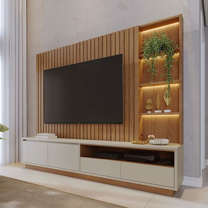 Estante para TV Até 82 Polegadas Arraial 4 Gavetas com Led Ripado Freijó/Off White Matte - Pnr Móveis