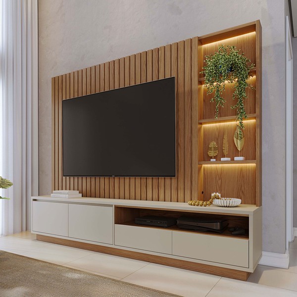 Estante para TV Até 82 Polegadas Arraial 4 Gavetas com Led Ripado Freijó/Off White Matte - Pnr Móveis