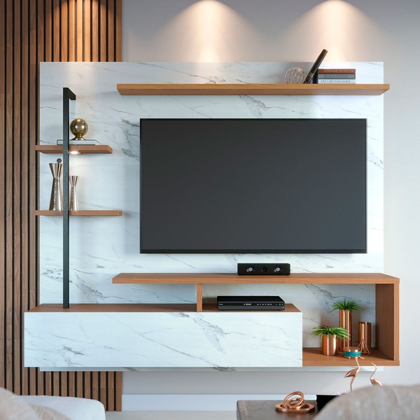 Painel para TV Até 58 Polegadas com Led Comodoro 1 Porta Calacatta/Freijó/Branco Neve - Pnr Móveis