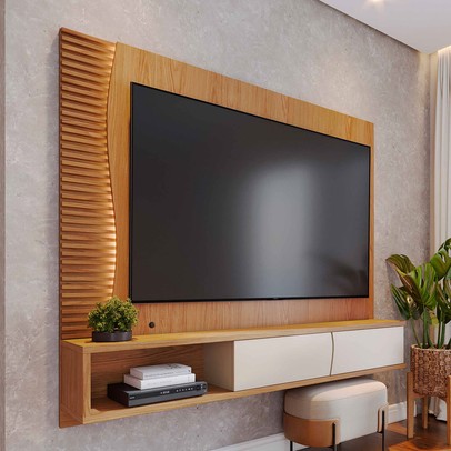 Painel para TV Até 65 Polegadas Mocha 2 Portas Ripado com Led Freijó/Off White Matte - Pnr Móveis