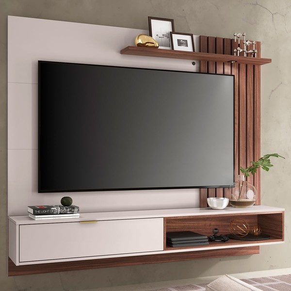Painel para TV Até 65 Polegadas Brtrand 1 Porta 1 Prateleira Off White/Nogueira Real - Pnr Móveis