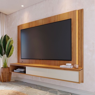 Painel para TV Até 75 Polegadas Açores 2 Portas Ripado com Led Freijó/Off White Matte - Pnr Móveis