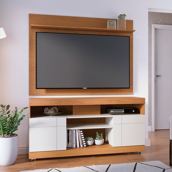 Rack com Painel para TV Até 55 Polegadas Bello 2 Portas Freijo/Off White - Pnr Móveis