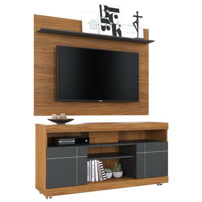 Rack com Painel para TV Até 55 Polegadas Bello 2 Portas Noce Milano/Preto Fosco - Pnr Móveis
