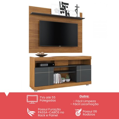 Rack com Painel para TV Até 55 Polegadas Bello 2 Portas Noce Milano/Preto Fosco - Pnr Móveis