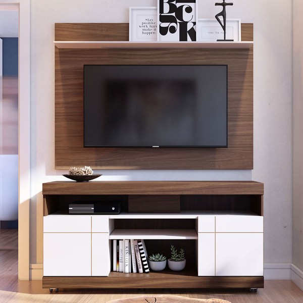 Rack com Painel para TV Até 55 Polegadas Bello 2 Portas Nogueira Real/Off White - Pnr Móveis