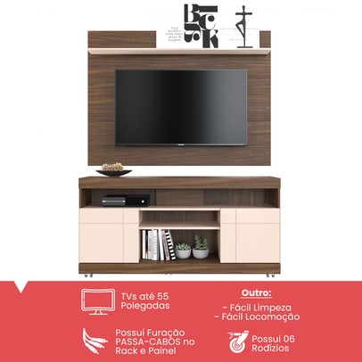 Rack com Painel para TV Até 55 Polegadas Bello 2 Portas Nogueira Real/Off White - Pnr Móveis