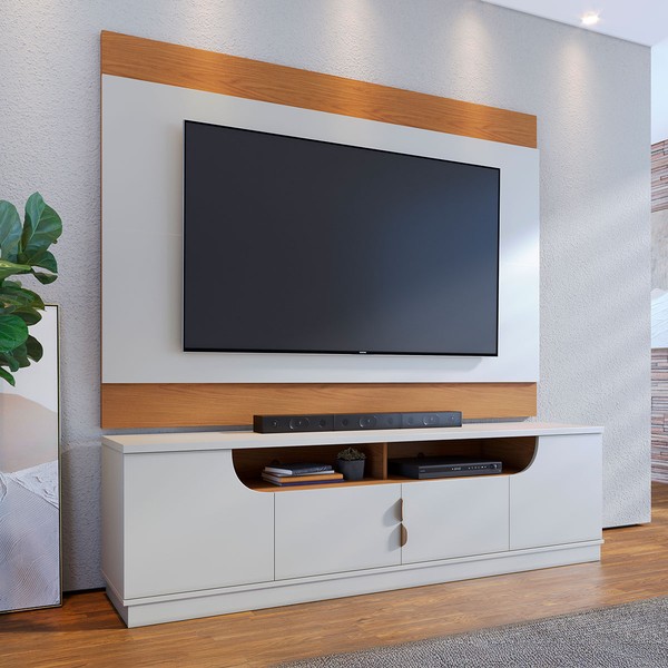 Rack com Painel para TV Até 75 Polegadas Mirante 4 Portas Off White Matte/Freijó - Pnr Móveis