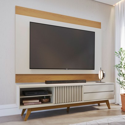 Rack com Painel para TV Até 75 Polegadas Bellaria 1 Porta 2 Gavetas Off White/Freijo - Pnr Móveis
