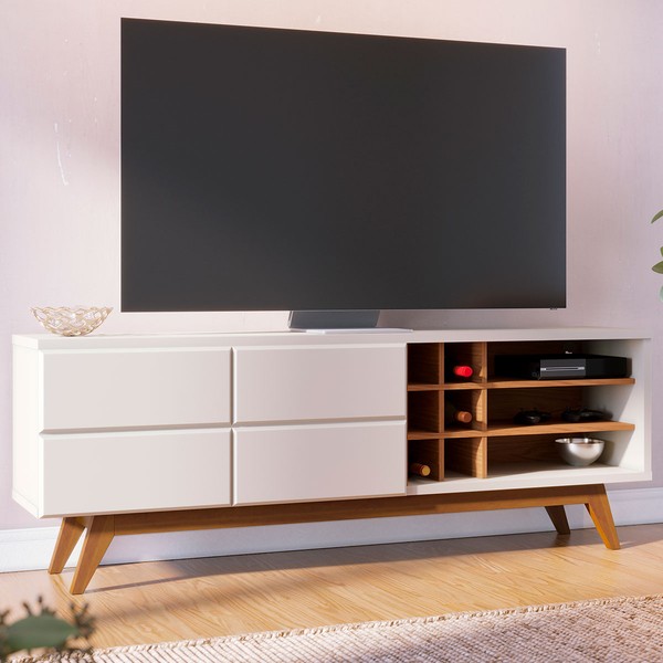 Rack para TV Até 70 Polegadas Light 2 Portas 2 Prateleiras Off White Matte/Freijó - Pnr Móveis