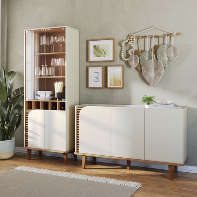 Sala de Estar Completa Boss 7 Portas 4 Prateleiras Off White/Freijó - Pnr Móveis