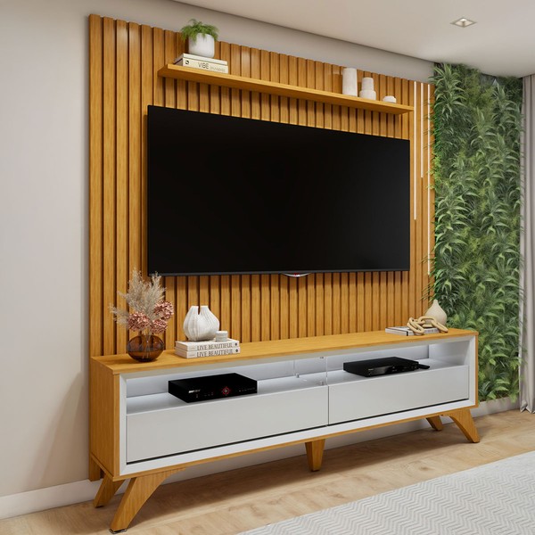 Rack com Painel para TV Até 75 Polegadas áustria Paris 2 Gavetas com Led e Vidro Naturalle/Off White - Mavaular