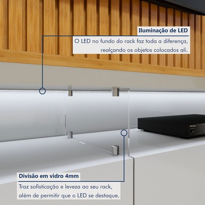 Rack com Painel para TV Até 75 Polegadas áustria Paris 2 Gavetas com Led e Vidro Naturalle/Off White - Mavaular