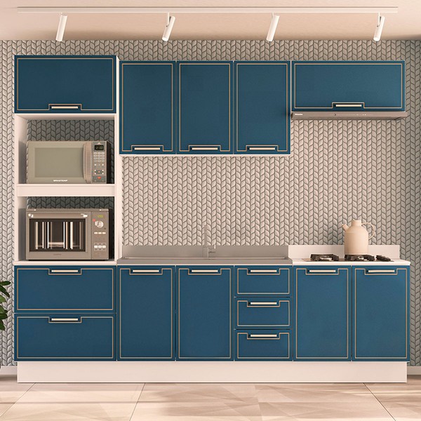 Cozinha Completa Amara 10 Portas 4 Gavetas 40250085 Branco/Azul - Politorno