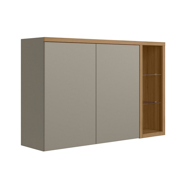 Armário Aéreo Cozinha 120 Cm Renard 2 Portas com Vidro e Led 100% Mdf Jequitibá/Gris Fosco - Pnr Móveis
