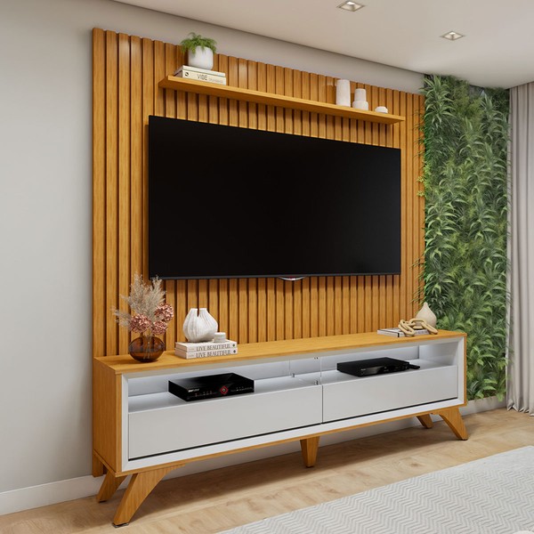 Rack com Painel para TV Até 75 Polegadas áustria Paris 2 Gavetas com Vidro Naturalle/Off White - Mavaular