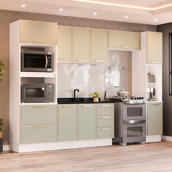 Cozinha Completa Amara 10 Portas 4 Gavetas 40250086 Branco/Verde Oliva - Politorno