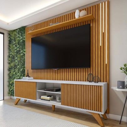 Rack com Painel para TV Até 75 Polegadas Gaia Paris Portas com Led Off White/Naturalle - Mavaular