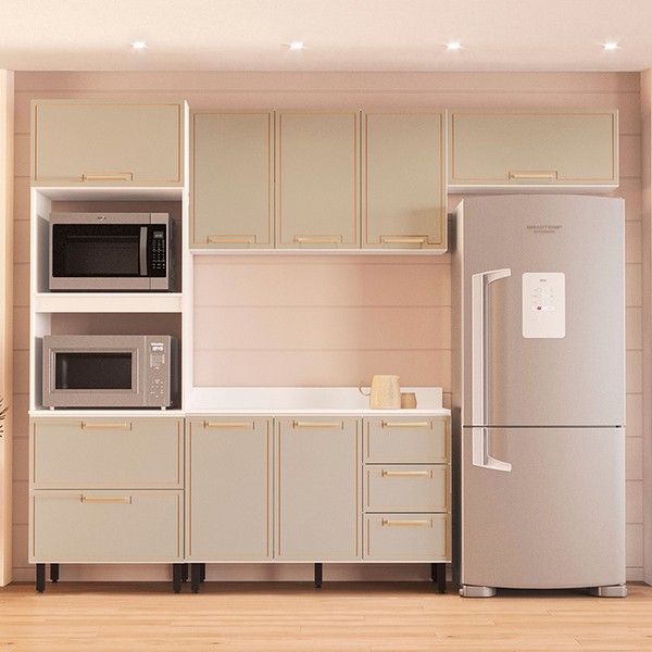 Cozinha Completa Amara 8 Portas 4 Gavetas 40250088 Branco/Verde Oliva - Politorno