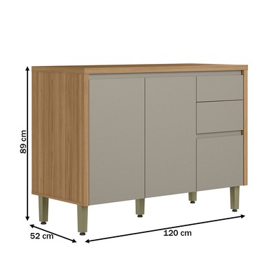 Balcão de Cozinha 120 Cm Renard 2 Portas 3 Gavetas 100% Mdf Jequitibá/Gris Fosco - Pnr Móveis