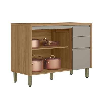 Balcão de Cozinha 120 Cm Renard 2 Portas 3 Gavetas 100% Mdf Jequitibá/Gris Fosco - Pnr Móveis