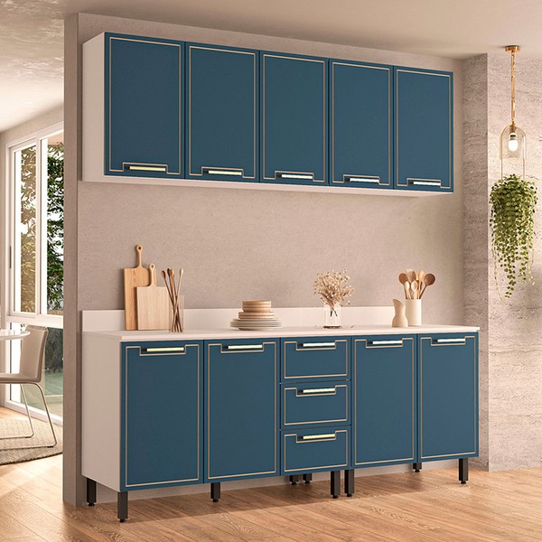 Cozinha Completa Amara 9 Portas 3 Gavetas 40250089 Branco/Azul - Politorno