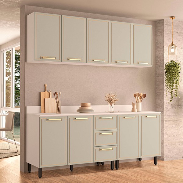 Cozinha Completa Amara 9 Portas 3 Gavetas 40250089 Branco/Verde Oliva - Politorno