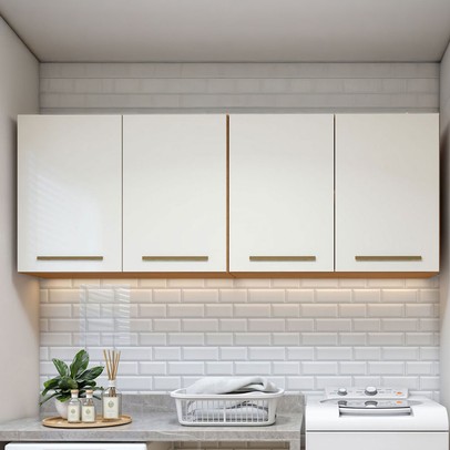 Armário Aéreo Lavanderia Guarapari 4 Portas Nature/Off White - Kaiki Móveis