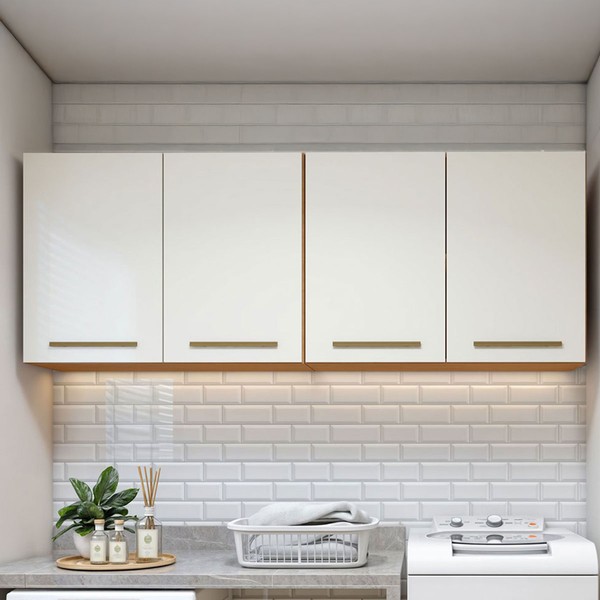 Armário Aéreo Lavanderia Guarapari 4 Portas Nature/Off White - Kaiki Móveis