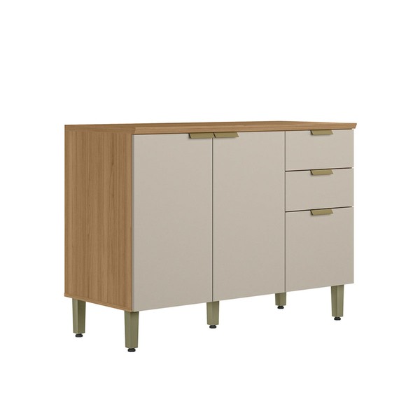 Balcão de Cozinha 120 Cm Route 2 Portas 3 Gavetas 100% Mdf Jequitibá/Off White Fosco - Pnr Móveis