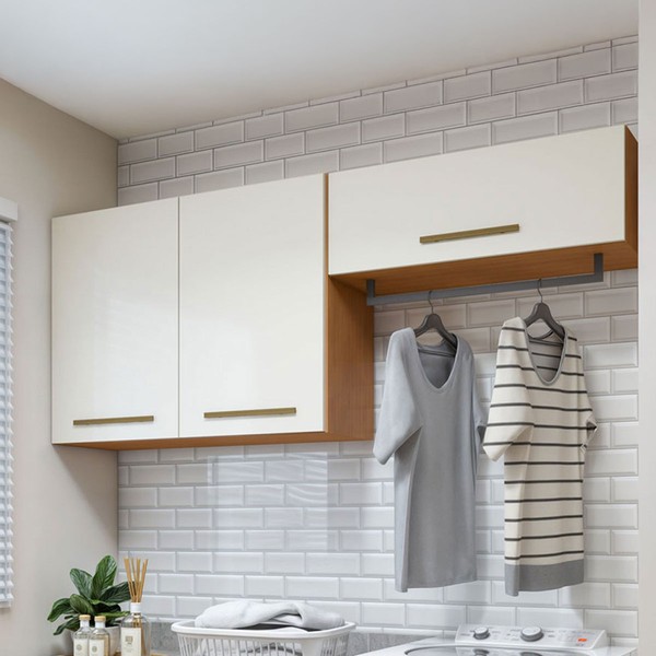 Armário Aéreo Lavanderia França 3 Portas Nature/Off White - Kaiki Móveis