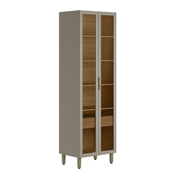 Cristaleira Renard 2 Portas 1 Gaveta com Vidro e Led 100% Mdf Jequitibá/Gris Fosco - Pnr Móveis