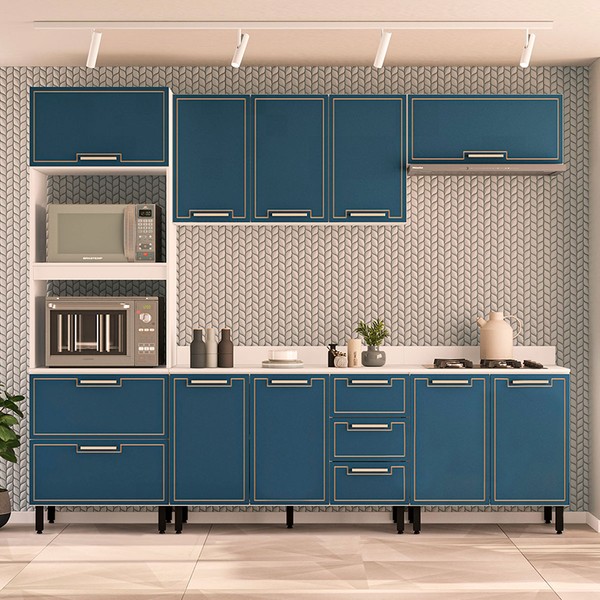 Cozinha Completa Amara 10 Portas 4 Gavetas 40250091 Branco/Azul - Politorno