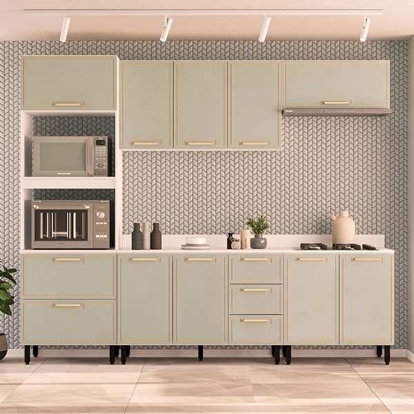Cozinha Completa Amara 10 Portas 4 Gavetas 40250091 Branco/Verde Oliva - Politorno
