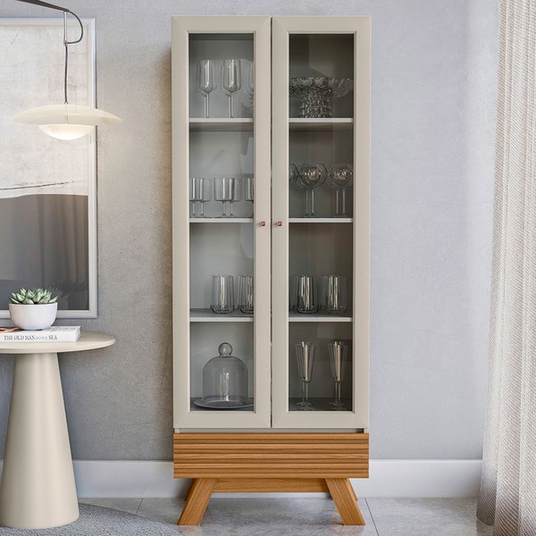 Cristaleira Luca 2 Portas 3 Prateleiras Nature/Off White - Pnr Móveis